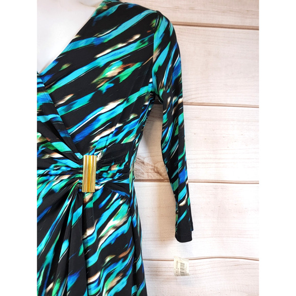CALVIN KLEIN Womens Green/Blue/Black Wrap Style 3/4 Sleeve Dress Size 6 - Picture 3 of 10